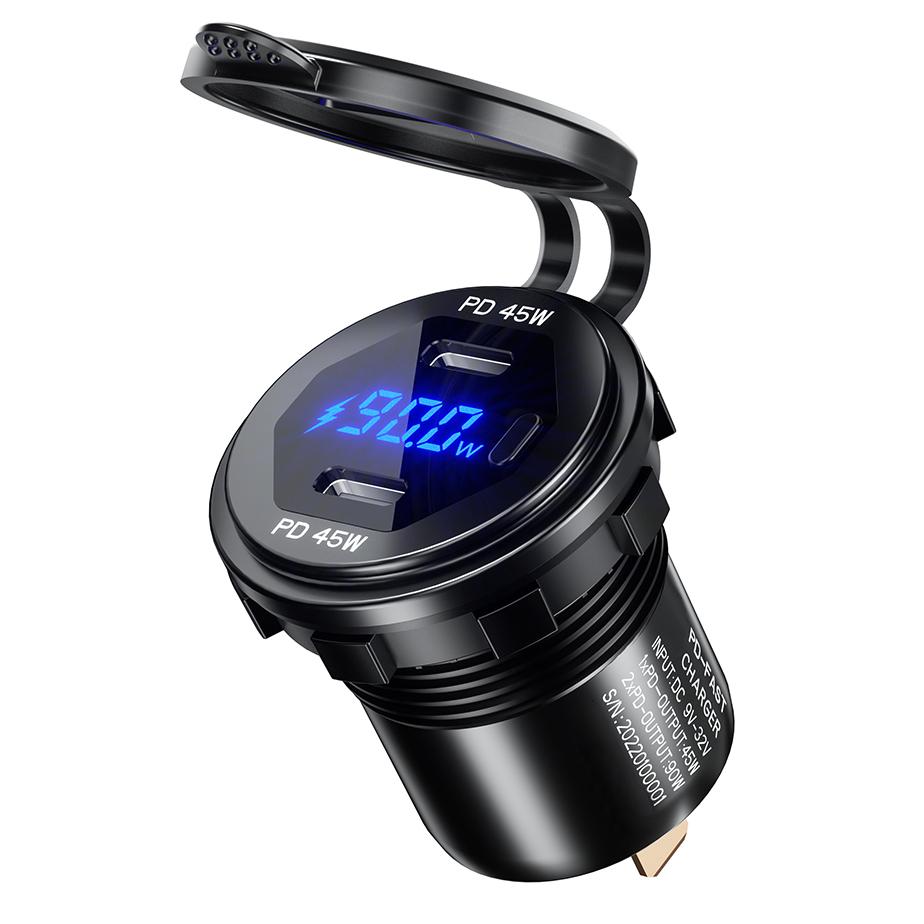 BIKETEC VÝPRODEJ MOTOCYKLOVÁ DVOJITÁ ZÁSUVKA USB Typ-C PD - 90 W POWER DELIVERY MONTÁŽ NA ROVNÝ POVRCH (PLEXI, KUFR) NEBO NA ŘÍDÍTKA - POTŘEBNÝ ADAPTÉR BTMUS28 (EL)