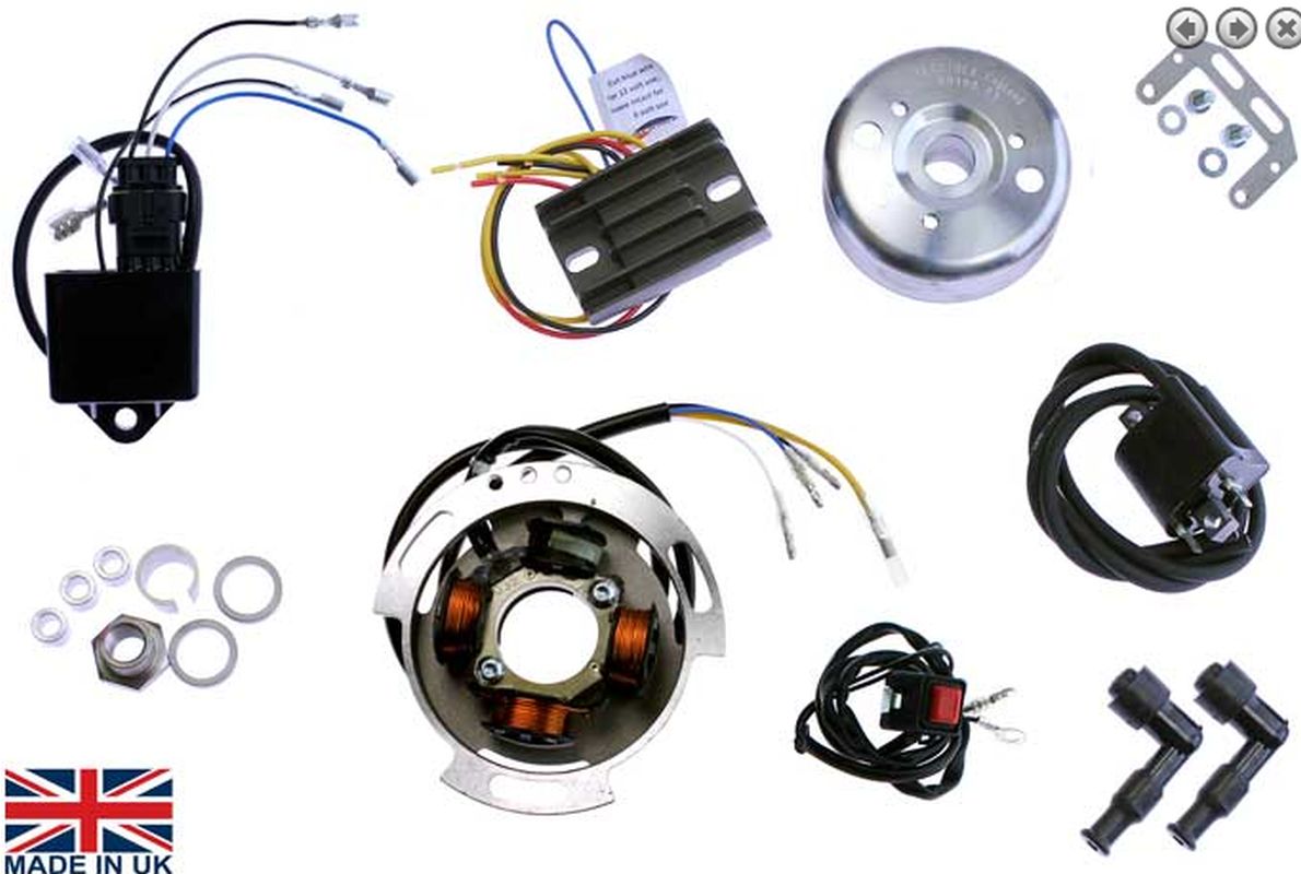 ELECTREX sada zapalování rotor (magnetové kolo) vinutí alternátoru, regulátor napětí, zapalovací cívky, botičky svíček BSA A50, A65, TRIUMPH T100, T110, T120, ROYAL ENFIELD INTERCEPTOR, NORTON COMMANDO