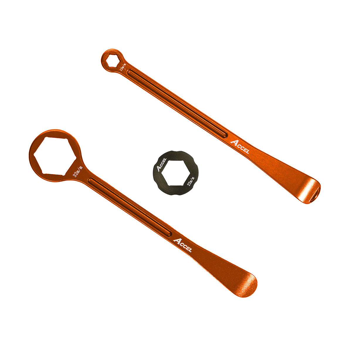 ACCEL forged ALU tyre lever set with box-end wrenches 32, 22, 12, 10 mm orange