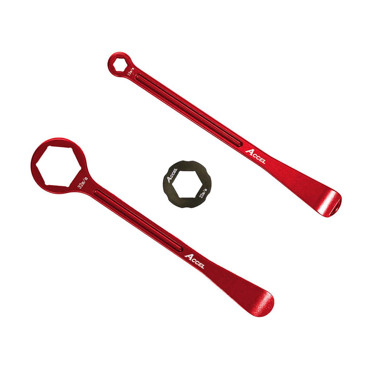 ACCEL forged ALU tyre lever set with box-end wrenches 32, 22, 12, 10 mm red