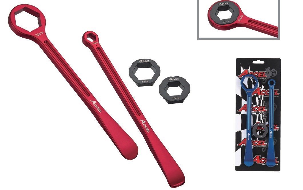 ACCEL sada montážních pák na pneumatiky (23+24cm) ALU7075 kované s klíči 10,13,22,27,32 mm barva světle modrá (montážní páka na pneu)