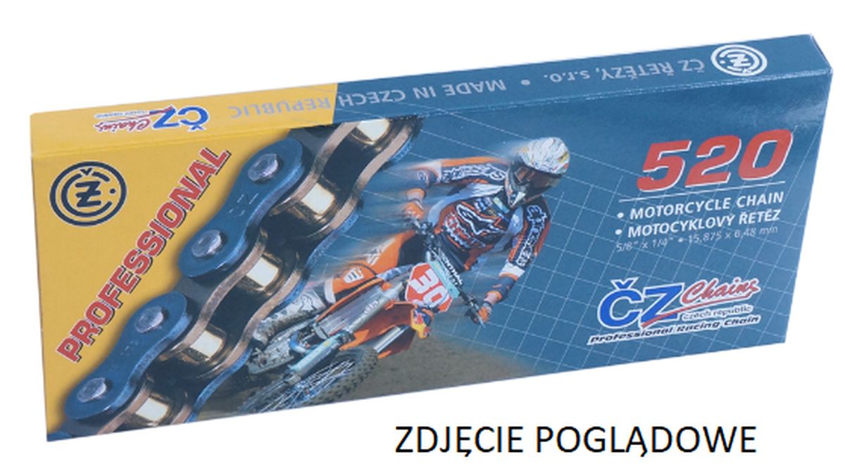 CZ hnací řetěz 520 RDO (116 článků) O-kroužek do 450 ccm (33,8 KN) (s otvory vylučujícími bláto) + nýtovací spojka (CZ hnací řetěz 520 RDO (116)