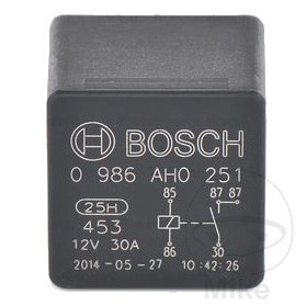 Bosch přerušovací relé 12V 30A 5-polig APRILIA SR 125 GT ABS I-GET 24-25, SR 125 GT CBS I-GET 22-24, SR 125 GT SPORT ABS I-GET 24-25, SR 200 GT ABS I-GET EURO5 22, SR 200 GT REPLICA ABS I-GET EURO5 24-25, SXR 50 I-GET 22-24, SXR 50 SPORT I-GET 22-24..