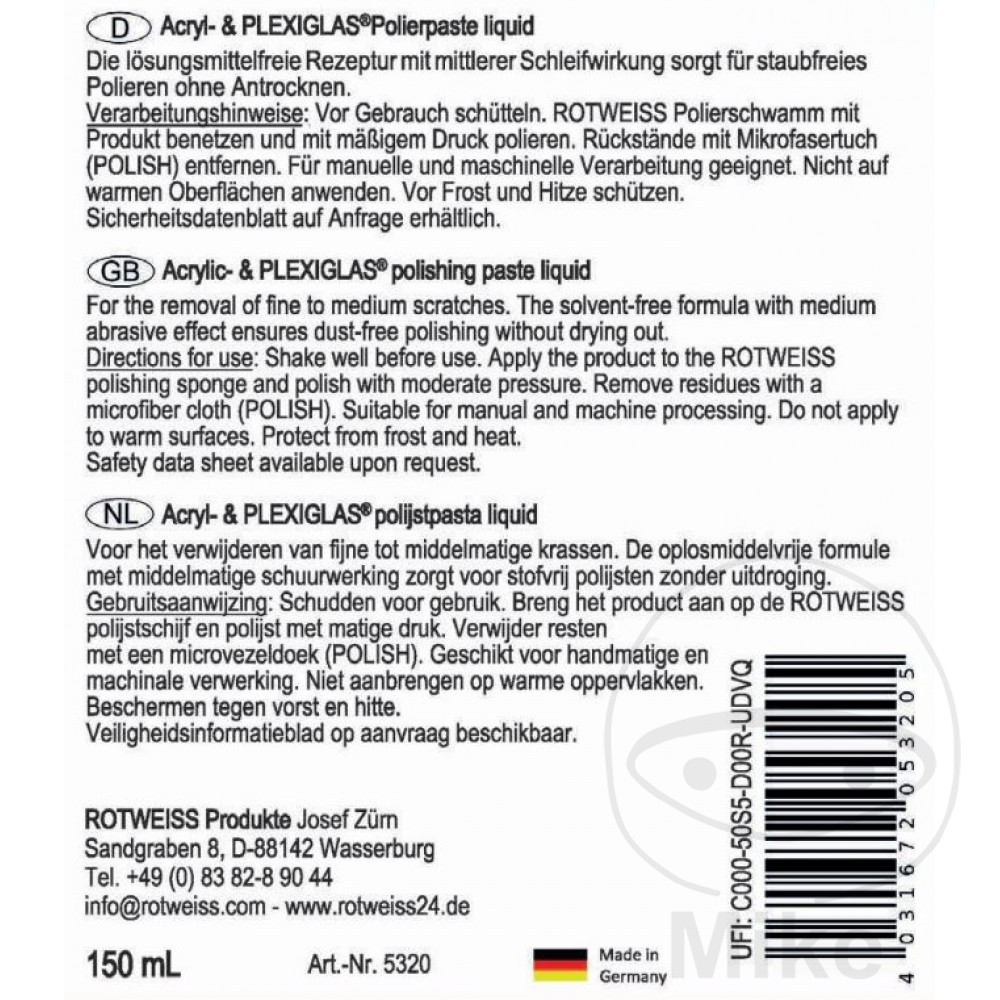 Rotweiss leštící pasta Acryl- a plexisklo 150 ml LIQUID červená bílá