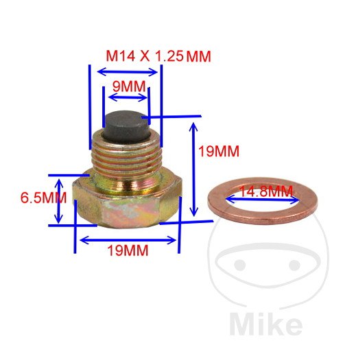 JMP magnetický olejový výpustný šroub M14X1.25 s těsnícím kroužkem AJP PR7 650 18-20, PR7 650 EURO5 21-24, PR7 650 GOLD EDITION EURO5 24, CAGIVA NAVIGATOR 1000 GUSSRAD 00-01, NAVIGATOR 1000 KOLO S VÝPLETEM 02-05, NAVIGATOR 1000 LITÁ KOLA 02-05, NAVIGA
