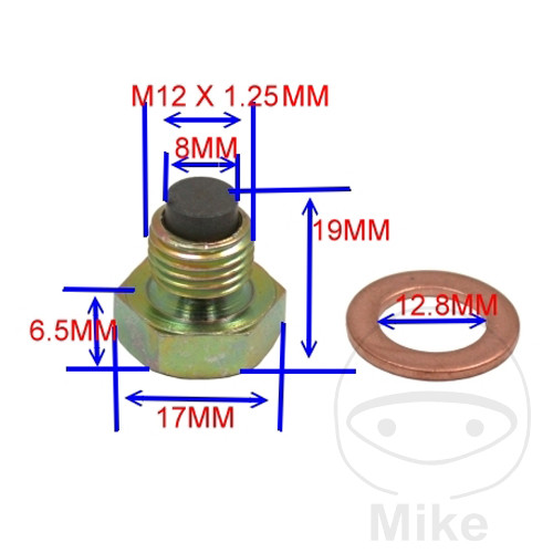 JMP magnetický olejový výpustný šroub M12X1.25 s těsnícím kroužkem ARCTIC CAT/TEXTRON DVX 400 2WD 04-08, BETA RE 125 10-17, RR 125 AC 4T ENDURO 10-17, CAGIVA RAPTOR 650 01-04, V-RAPTOR 650 01-05, CFMOTO CF 500 ATLAS 4X2 11-12, CF 500 ATLAS 4X4 09-15...