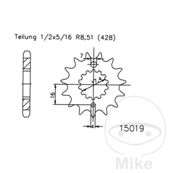 Levně Esjot přední ozubené kolečko 15Z typ řetězu 428 jemné ozubení vnitřní rozteč 17.4/20 KAWASAKI NINJA E-1 ABS 24-25, Z E-1 ABS 24-25, MZ/MUZ RT 125