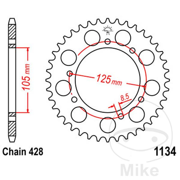Esjot rozeta 57Z typ 428 Vnitřní průměr 105 rozteč děr 125 DERBI MULHACEN 125 SPEICHENRAD 07-10, SENDA 125 R 04-08, SENDA 125 SM 04-07, SENDA 125 R BAJA 07-14, SENDA 125 SM BAJA 07-14, SENDA 125 CROSS CITY 08-16, SENDA 125 R 4V DRD 10-15...