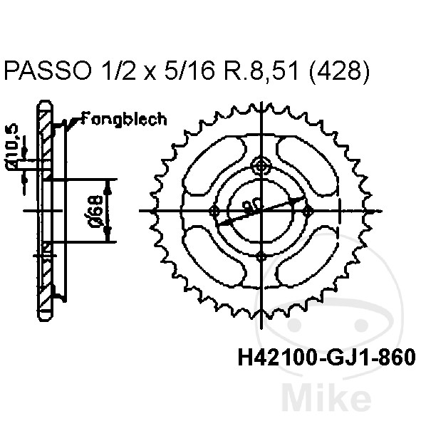 Levně JMP rozeta M FANGBL 45Z TEI 428 Vnitřní průměr 068 rozteč děr 090 HONDA MTX 80 R2 87