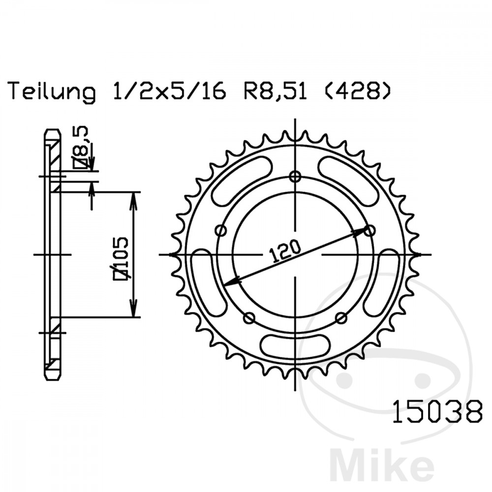 Esjot rozeta 60Z typ 428 černá Vnitřní průměr 105 rozteč děr 120 HERCULES ZX 50 95-96, SACHS ZX 50 96-00, ZX 125 2T 97-02, ZZ 125 2T 98-01