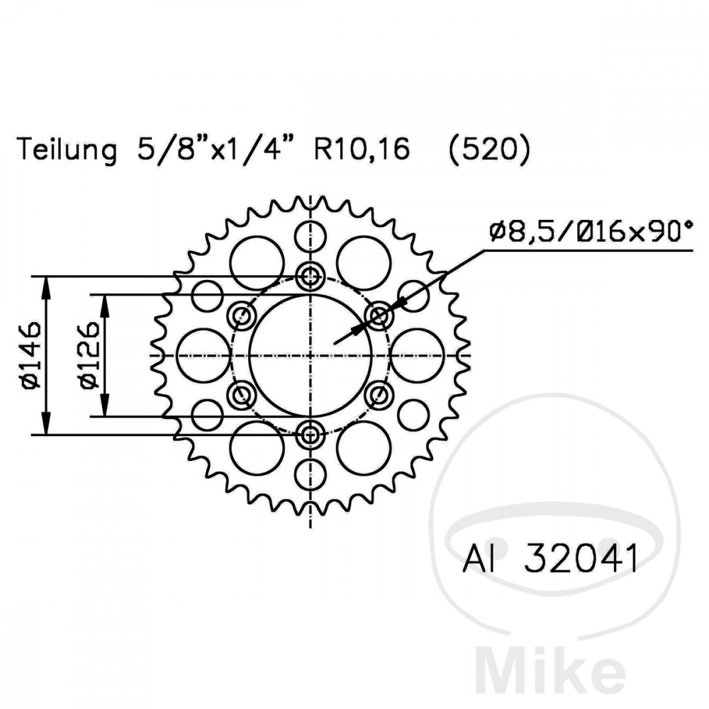 Esjot hliníková rozeta 40Z typ 520 stříbrná Esjot vnitřní průměr 126 rozteč děr 146 SUZUKI DR 350 90-95, DR 350 SE 96-99, DR-Z 400 00-04, DR-Z 400 E 00-07, DR-Z 400 S 00-08, DR-Z 400 SMU 05-07, DR-Z 400 SM 05-08...