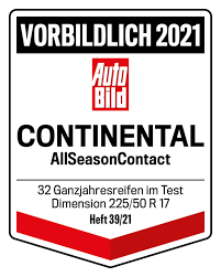 Pneumatika AllSeasonContact™ získala ocenění 'PŘÍKLADNÁ' v testu celoročních pneumatik časopisu Auto Bild pro rok 2021 v rozměru 225/50 R 17.