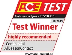 AllSeasonContact™ zvítězil v ACE testu celoročních pneumatik 2019 se známkou 'Velmi doporučená'.