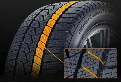 Tuhost běhounu způsobená jeho bloky a jemnými příčnými drážkami umožňuje zkrácení brzdné dráhy.png