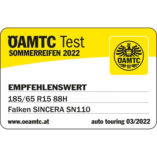 Hodnocení testu letních pneumatik ÖAMTC 2022 pro rozměr 185/65 R15 - Doporučujeme