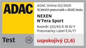 Test ADAC 2020 v rozměru 225/40 R18 - hodnocení Uspokojivá