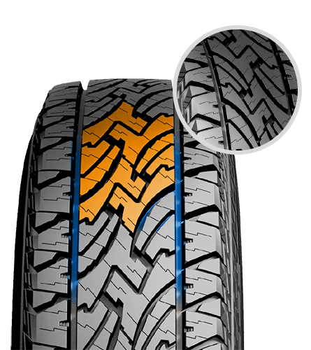 Kombinace bloků a drážek ve tvaru písmene V podporuje tuhost běhounu, snižuje hlučnost a nerovnoměrné opotřebení běhounu, což prodlužuje jeho životnost.