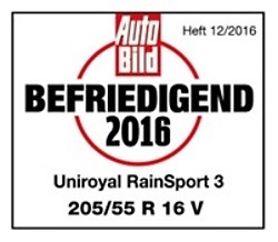 Výsledek testu Auto Bild 2016 v rozměru 2016 - Uspokojivá - Nejlepší vlastnosti při aquaplaningu, krátké brzdné dráhy, stabilní chování na mokré vozovce. Výsledek testu Auto Bild 2016 v rozměru 2016 - Uspokojivá - Nejlepší vlastnosti při aquaplaningu, krátké brzdné dráhy, stabilní chování na mokré vozovce.