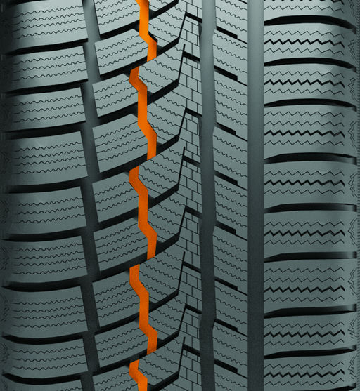 Široká klikatá drážka na vnitřní straně zlepšuje trakci na sněhu a brzdný výkon..jpg